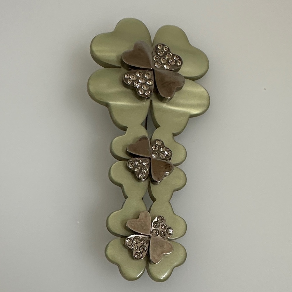 Artisan Olive Green and Bronze Floral Clover Brooch with Crystals